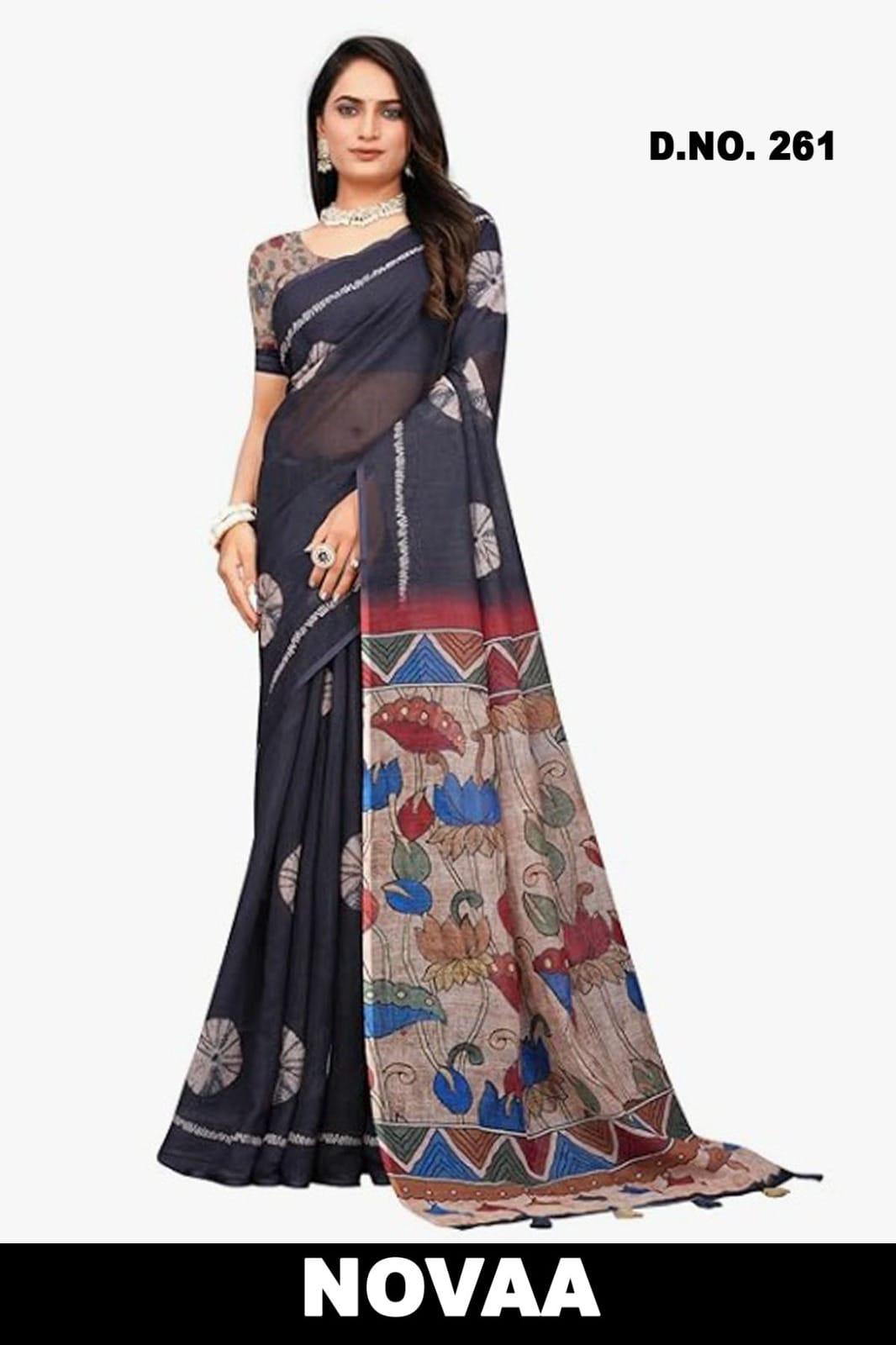 Linen Digital Print Saree - Design 12