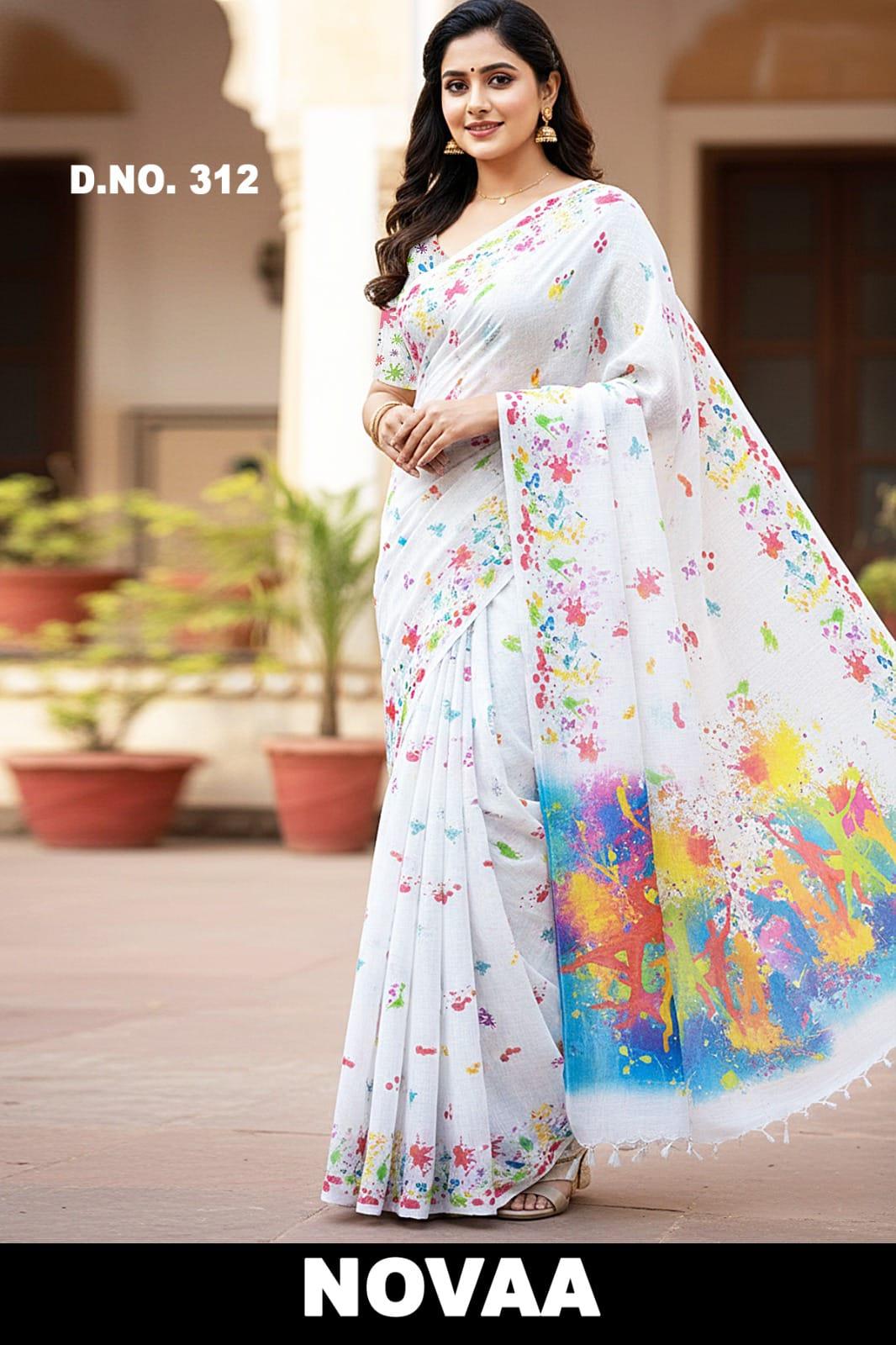 Linen Digital Print Saree - Design 16