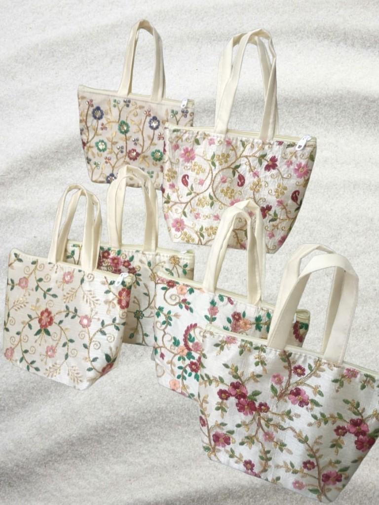 Cream Floral Embroidered Totes — Five Designs