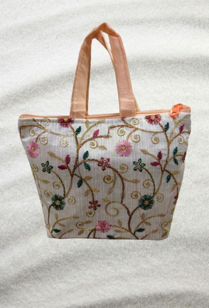 Cream Floral Tote — Peach Handles