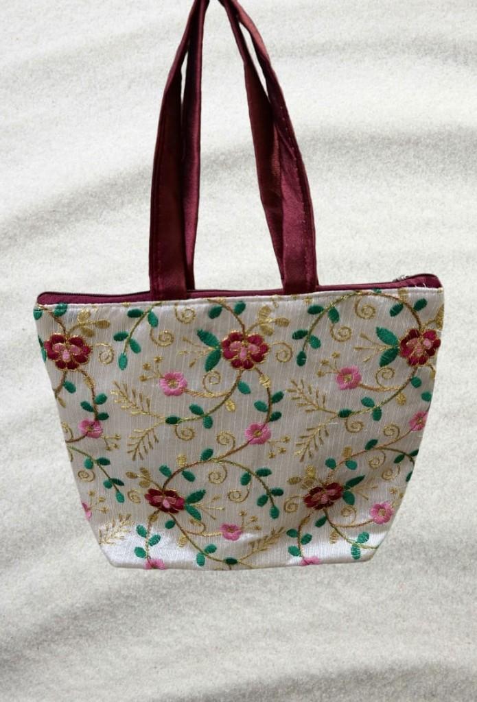 Embroidered Floral Mini Tote — Maroon Zip