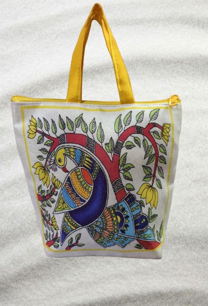 Madhubani Peacock Canvas Tote — Yellow Zip