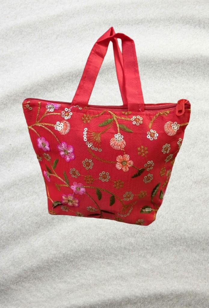 Red Floral Embroidered Zip Tote