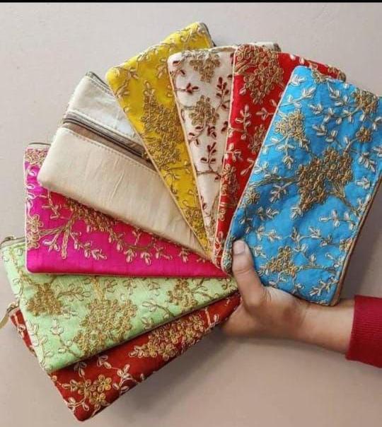 Embroidered Silk Satin Zip Pouches