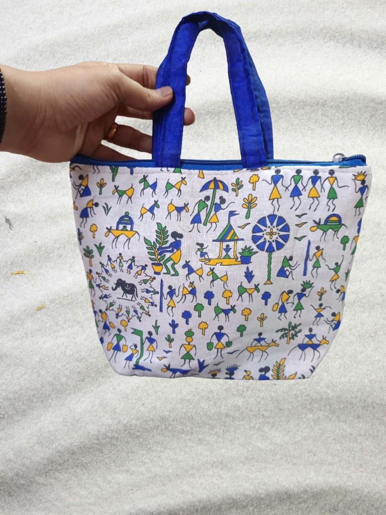 Warli Print Tote — Blue Handles