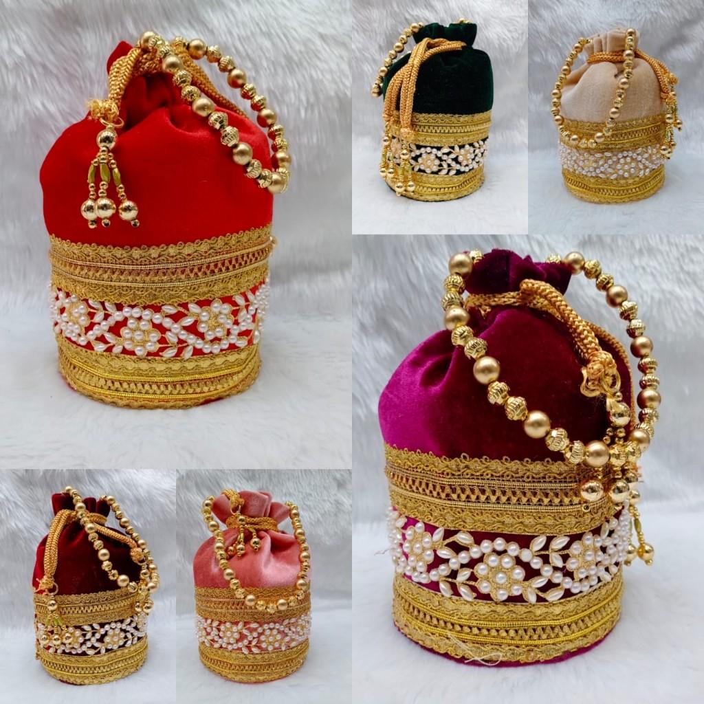 Velvet Pearl-Embellished Potli Purse