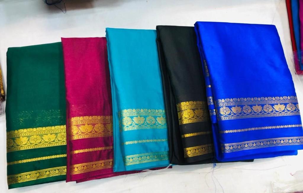 Royal Blue Mysore Crepe Saree with Gold Zari Border — photo 2 of 3