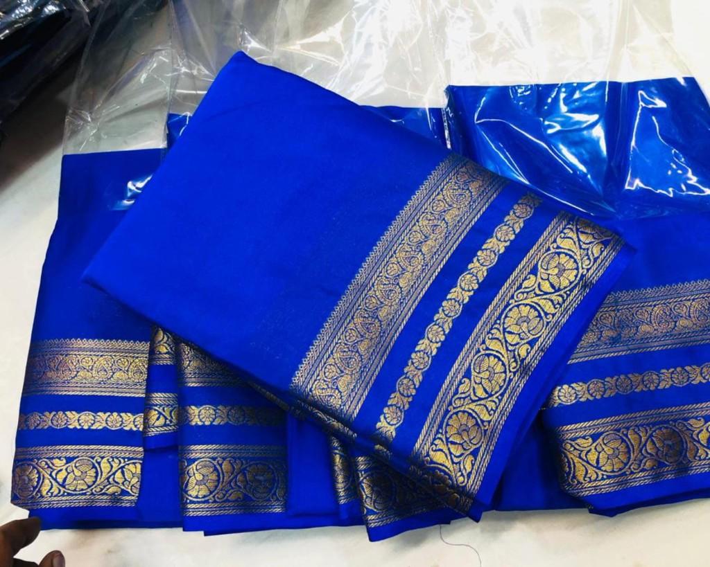 Royal Blue Mysore Crepe Saree with Gold Zari Border — photo 1 of 3