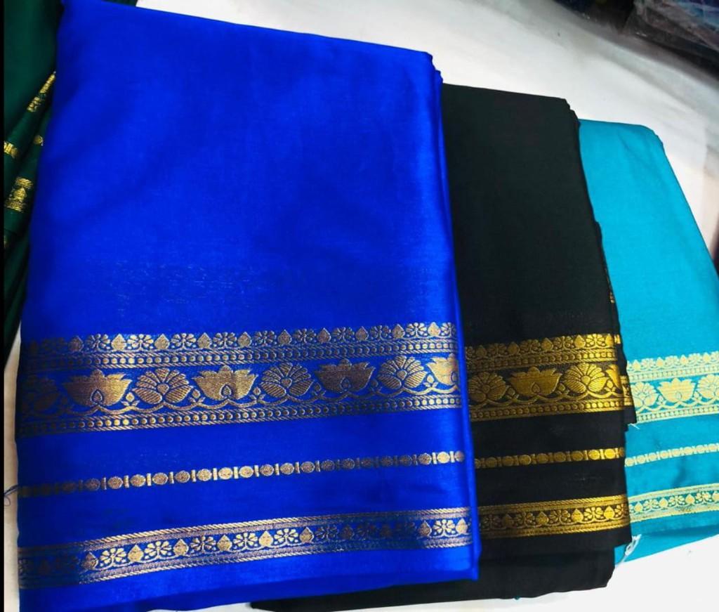 Royal Blue Mysore Crepe Saree with Gold Zari Border — photo 3 of 3